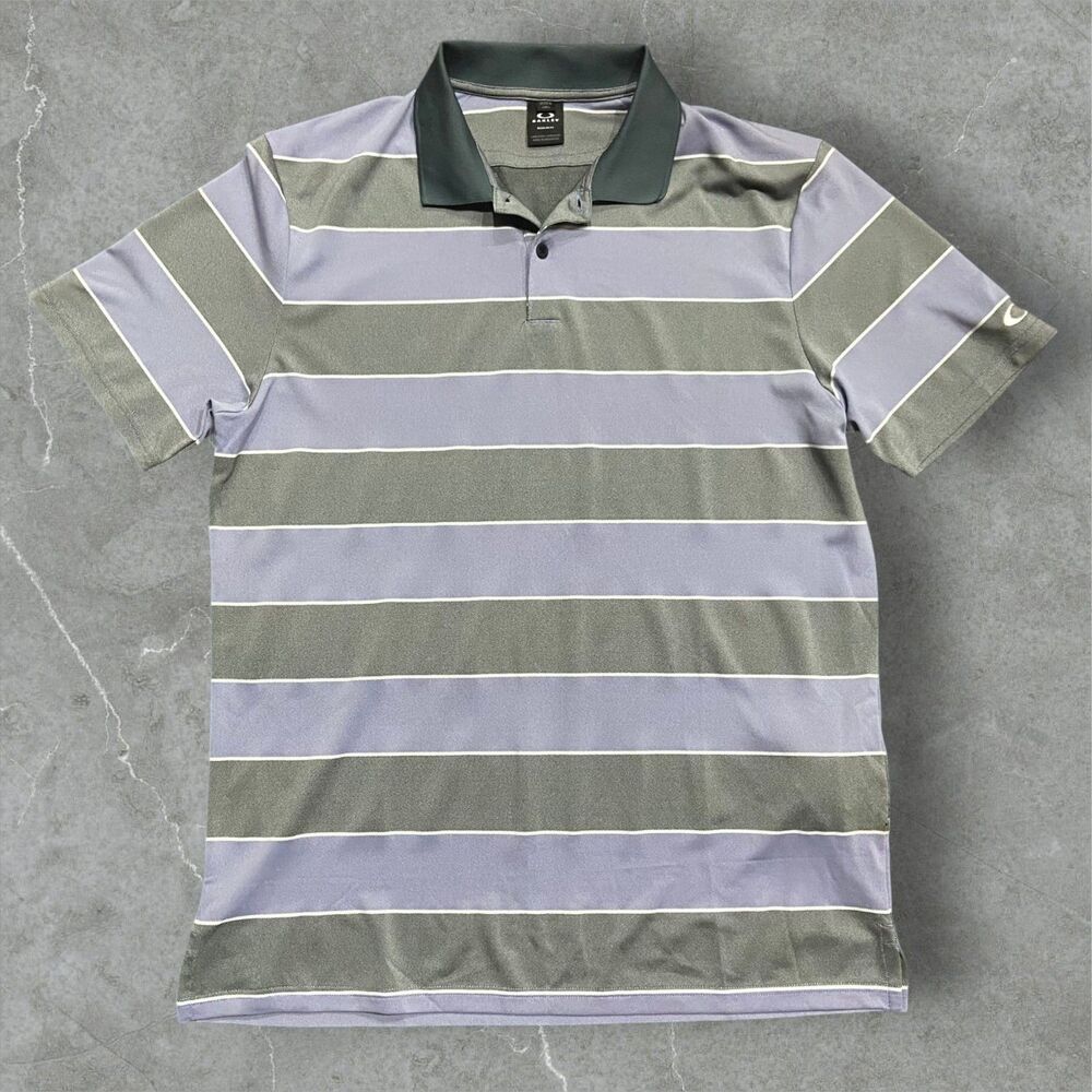Oakley Performance Comfort Striped Golf Gray Purple Polo Shirt Men's Size Medium